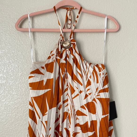 Lulus‎ Dress Womens Small Orange Cream Kalena Maxi Halter Pleated Palm Tree Boho - Picture 5 of 15